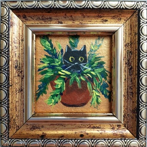 Black cat Painting Framed original art Funny cute kitten in a vase with flowers hand painted art Miniature animals art