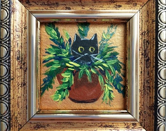 Black cat Painting Framed original art Funny cute kitten in a vase with flowers hand painted art Miniature animals art