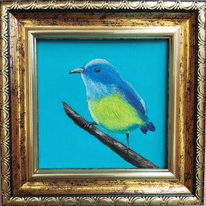 Blue bird painting Golden Framed Art Small Blue bird Painting Bird picture gift