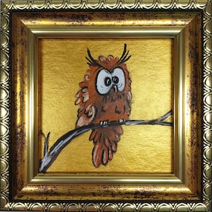 Owl painting original Golden painting Small bird artwork framed Funny owl wall art Best friend gift