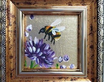 Bumblebee Oil Painting Original, Miniature Bee Art, Small Nature Wall Decor