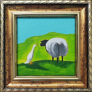 Sheep and goose painting original Farm Animals Small Oil Painting Portrait sheep artwork Golden Framed Animal Art