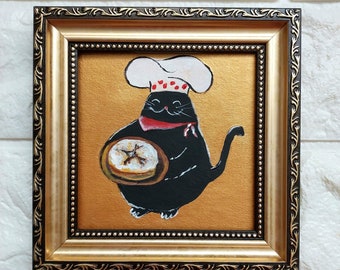 Black cat with bread oil Painting gold original artwork framed Funny cat  painting kitchen original framed art animals Gift best friend