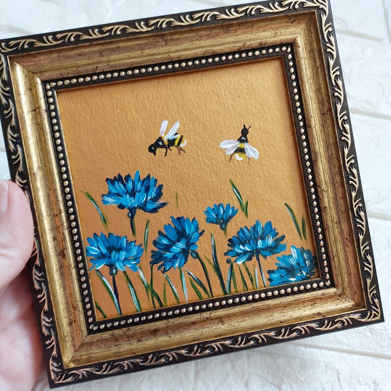Original Bee Oil Painting, Gold Frame: Honeybee on Wildflower, 4x4 - Etsy