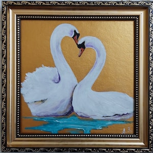 Couple Swans Painting Original Golden FRAMED White Swan Family Artwork