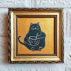Black cat and fish in an aquarium oil painting Gold original artwork framed Funny black cat painting Portrait animals art