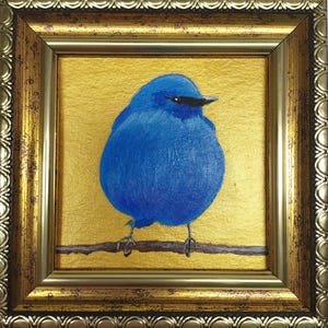 Bluebird painting Golden Framed Art Bird on a Branch Small Blue bird Painting Bird art lover gift