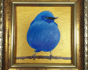 オリジナル油絵の鳥のアート、青い額縁、4 x 4インチの動物