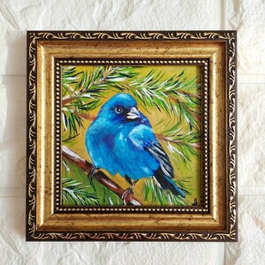 Original Blue Bird Oil painting Golden Framed Artwork Bird on a Pine Branch Miniatures Painting Small Bird lover gift Art Ukrainian artist