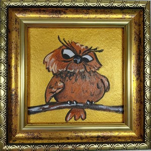 Funny Owl painting original Golden painting Small bird artwork framed  owl wall art Best friend gift