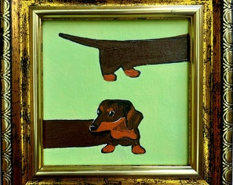Dachshund Oil Painting Original, Miniature Dog Art, Framed Artwork, Sausage Dog Gift