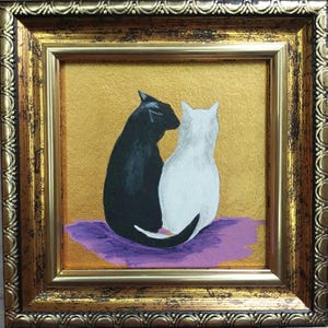Framed Cat Painting: Black and White Couple Cats Art, 4x4 in