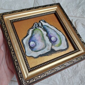 Oyster Oil Painting Original, Pearl Still Life Art, Miniature Coastal Artwork, Ocean Decor image 3