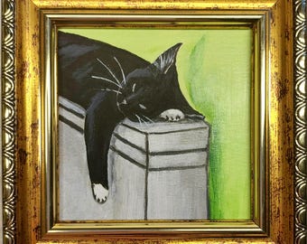 黄色い椅子に座るミニ黒猫の油絵：オリジナルの手作り額入りアート（2