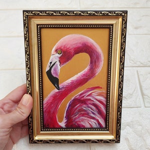 Flamingo painting Wildlife bird painting original Small oil painting animals artwork Golden Framed Painting Farmhouse wall décor image 2