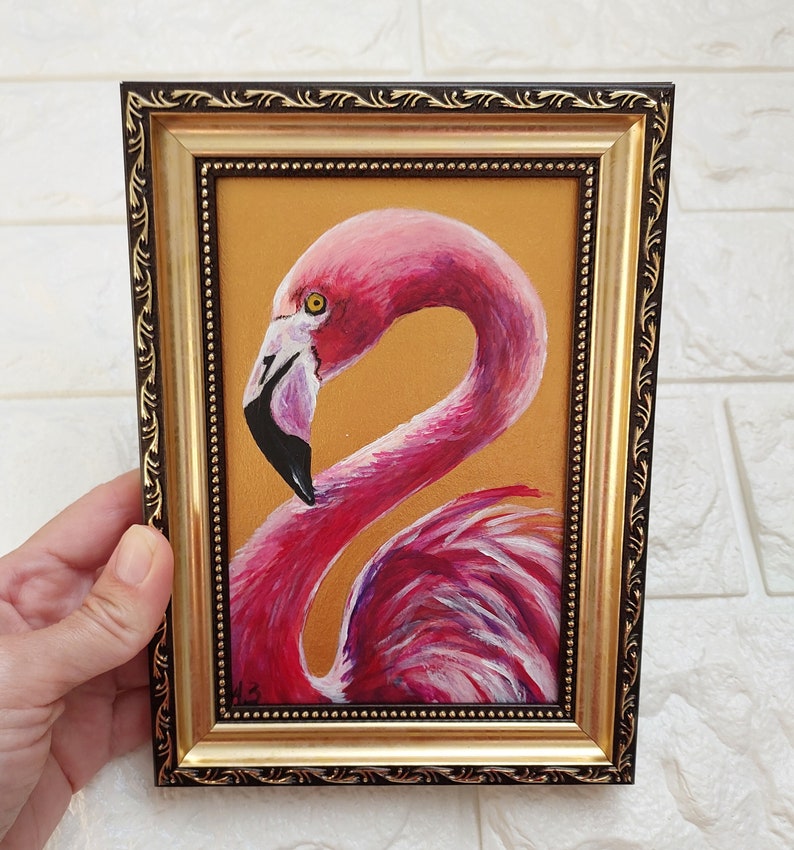 Flamingo painting Wildlife bird painting original Small oil painting animals artwork Golden Framed Painting Farmhouse wall décor image 2