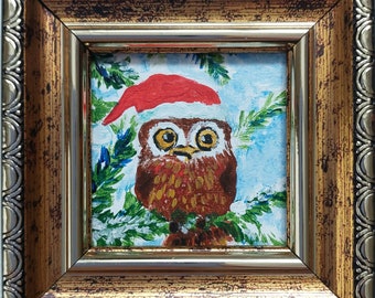 Christmas Owl in Forest painting original gold framed miniature Funny animals art Christmas gift wall art framed Winter small art