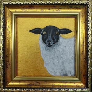 Sheep painting original Farm Animals Small Oil Painting Portrait sheep artwork Golden Framed Animal Art