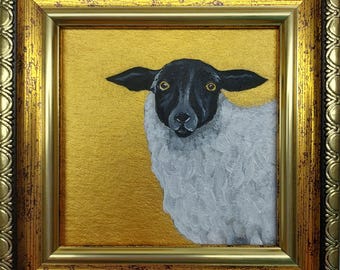 オリジナルの羊の絵画：大きなアクリル動物の肖像画 24x24インチ