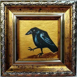 Miniature Funny Crow Oil Painting: Bird Art, Golden Framed 2x2 in, Gift