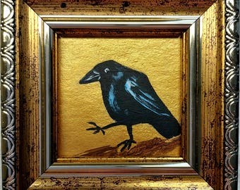 Miniature Funny Crow Oil Painting: Bird Art, Golden Framed 2x2 in, Gift