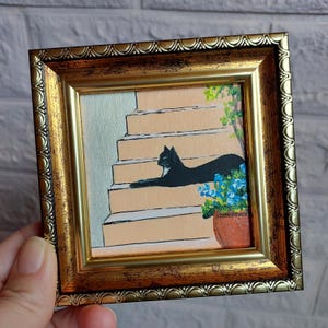 Black cat painting original Framed art Funny tuxedo cat handmade art Mini painting 3x3 in