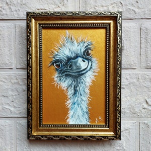 Ostrich Painting Original Bird Small Oil Painting Gold Art Frame Artwork White Bird Wall Art Animal Farm painting Funny ostrich