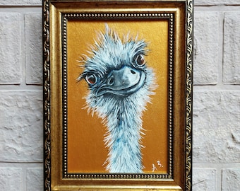 Ostrich Painting Original Bird Small Oil Painting Gold Art Frame Artwork White Bird Wall Art Animal Farm painting Funny ostrich