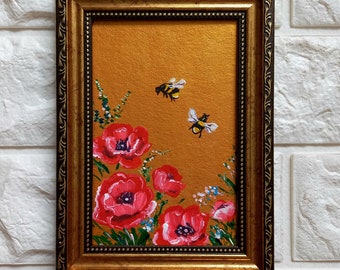 Honeybee Painting Bee Poppy Painting Flowers Art Antique Gold Framed Painting Meadow Original Art  Insects Small Wall Art Ukrainian artist