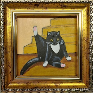 Black cat painting original Framed art Funny cute kitten handmade art Mini painting 3x3 in