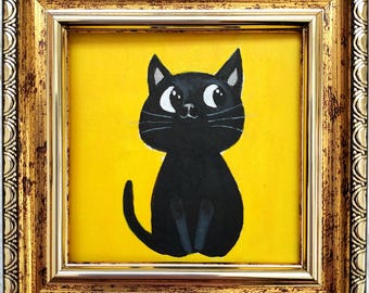 Funny Black Cat Painting, Original Oil Artwork, Framed Miniature, Cat Lover Gift