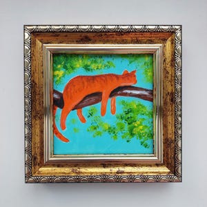 Orange cat on tree painting original Framed art Funny cat handmade art Mini cat painting 3x3 in