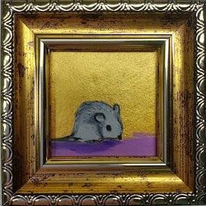 Mouse oil painting mini Painting Gray mouse wall art Golden Framed Painting Mouse Artwork