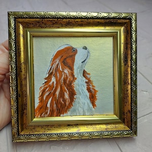 King Charles cavalier dog painting framed white dog oil painting puppy spaniel painting Dog Portrait  original art