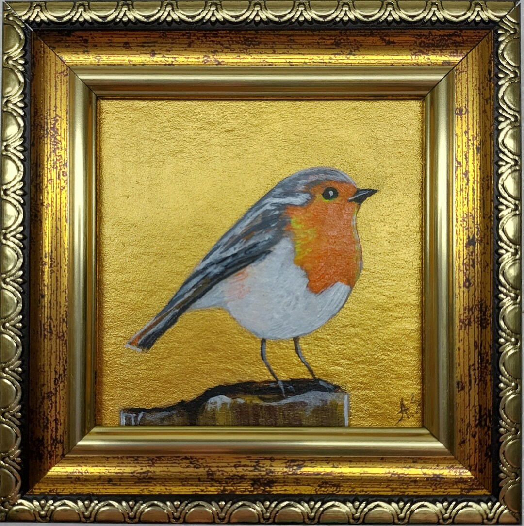 Miniature Red Robin Painting: Golden Framed Bird Art, Small Gift - Etsy