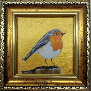 Red robin painting original Miniature Bird Artwork Golden Framed Painting Bird on Branch Painting Small Bird lover gift Art