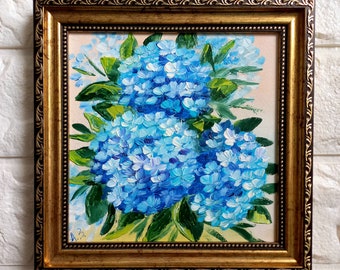 Hydrangea Painting Blue Flowers Original Art Antique Gold Framed Blue Hydrangea Artwork Floral Oil Painting Small Bouquet Painting