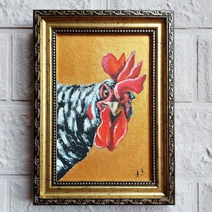 Rooster painting Chicken painting Original Small oil painting Cock art Farm animals artwork Golden Framed Painting Farmhouse wall décor