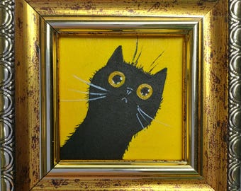 Framed Black Cat Painting: Miniature Kitten Art, Funny Home Decor