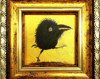 Miniature Crow Oil Painting: Gift, Bird Art, Golden Framed 2x2 inches