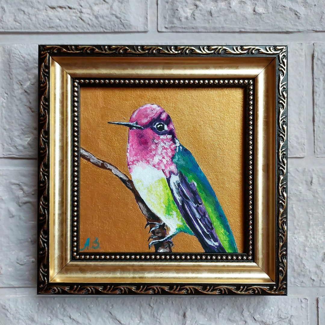 Hummingbird Oil Painting Original Bird 4x4 Painting Gold Frame Small