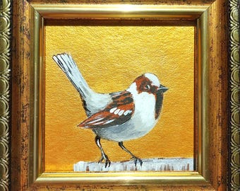 オリジナル油絵スズメ作品 4 x 4インチ、小鳥アート、額装済み自然
