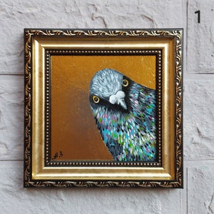 Pigeon painting Gold leaf Framed small artwork Portrait dove painting bird hand-painted gift for pigeon lover