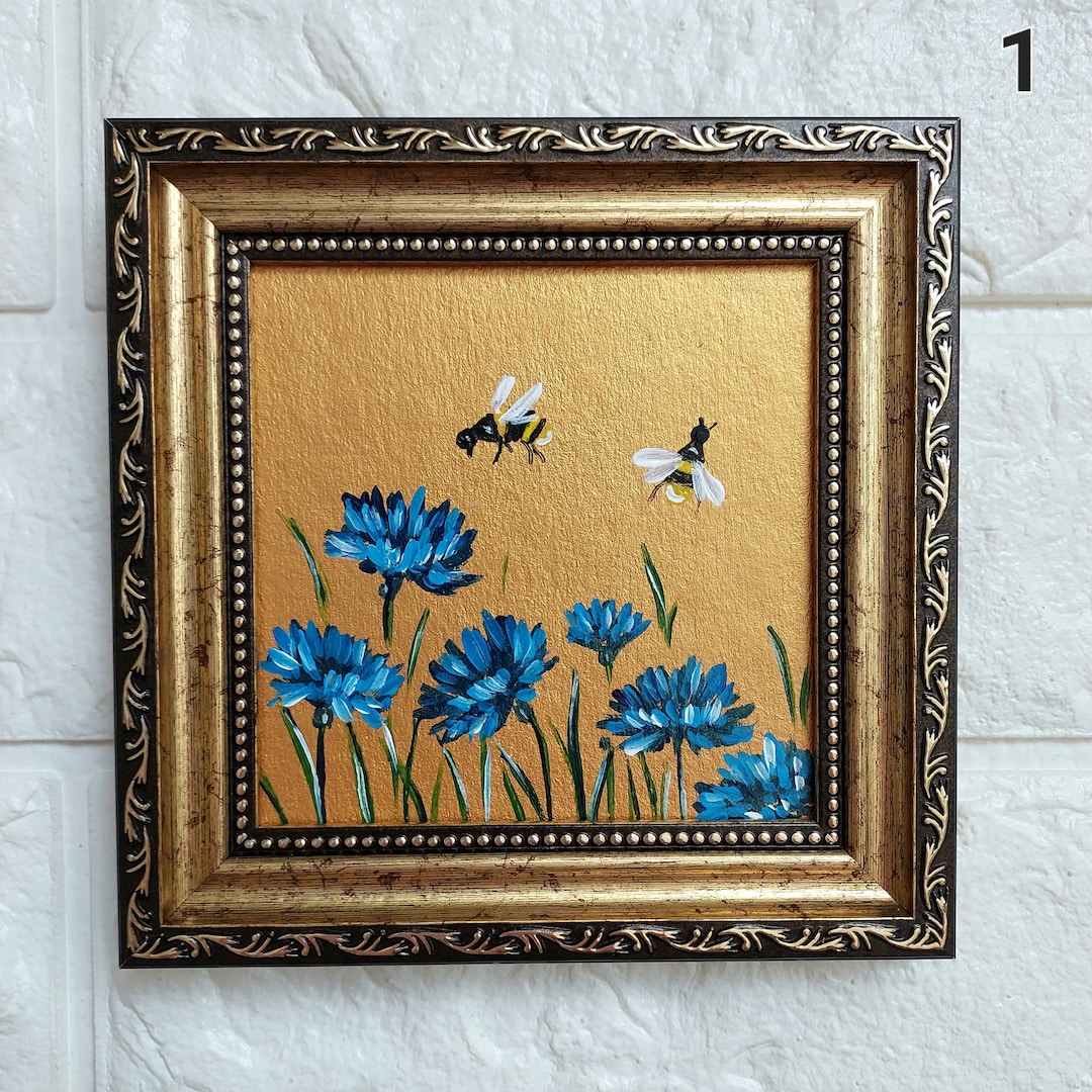 Original Bee Oil Painting, Gold Frame: Honeybee on Wildflower, 4x4 - Etsy