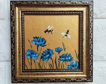 Bee Painting Bumblebee on Flower Painting Gold Framed Small Original Hand Painted Honeybee Small Wall Art Honey bee gifts