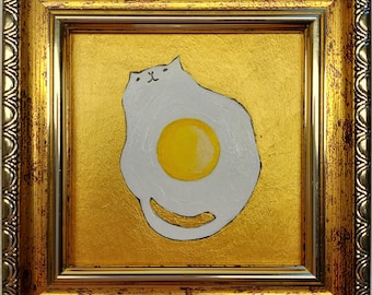 Framed Cat Egg Painting: Miniature Kitchen Still Life Oil Art