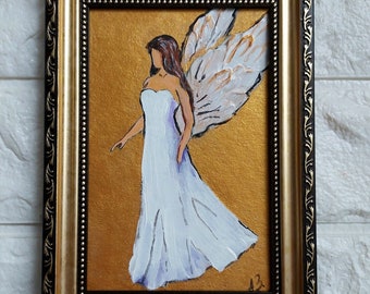 Guardian angel oil painting Angel original painting Antique Gold Framed artwork Religious art Wings spiritual painting framed