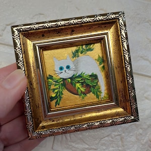 Framed White Kitten Painting: Miniature Funny Cat Art, 2x2&quot; Original Oil