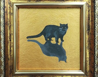 Black Cat Painting Original, Framed Miniature Art, Pet Portrait, Small Wall Decor