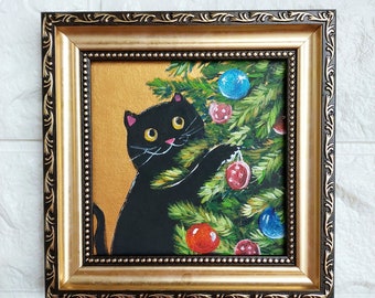 Black Cat Christmas Tree Oil Painting: Gift, Funny Cat with Sausage Art